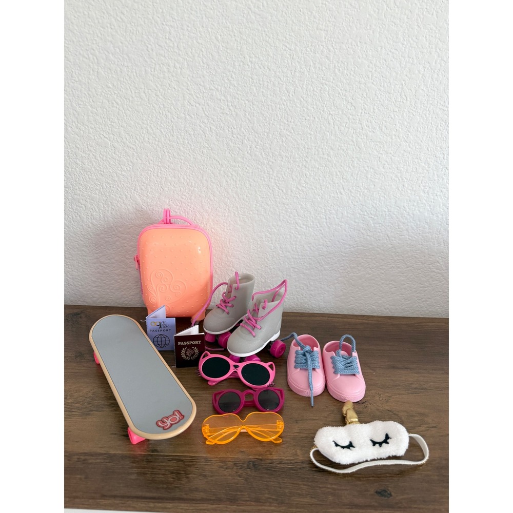 Our Generation Doll Accessory Set Suitcase Skateboard Roller Skates Sunglasses